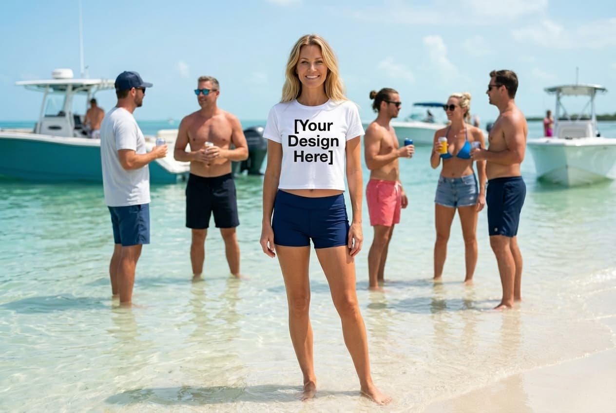 Female model wearing a shirt on the sandbar in the Florida Keys with "Your Design Here" text