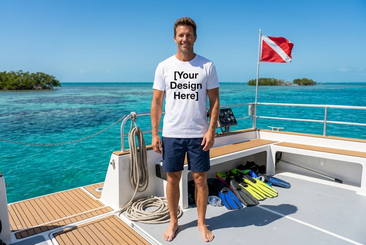 Male model on a snorkeling boat in the Florida Keys, wearing a shirt that says "Your Design Here"